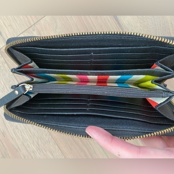 Kate Spade Black Large Continental Zip Around Colorful Striped Interior Wallet - Picture 8 of 16